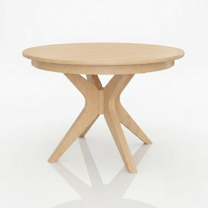 Introducing The Stafford Dining Table: a round, handcrafted solid wood table featuring a smooth top and four angled legs joined at the center. Expertly made by American craftsmen, this elegant piece is showcased against a crisp white background.