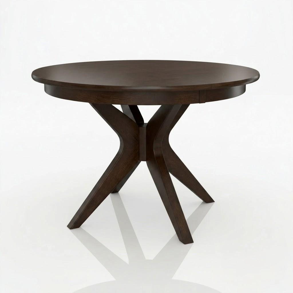 The Stafford Dining Table is a round, dark solid wood table handcrafted with a smooth surface and four angled legs that merge at the center, set against a plain white background. Expertly made by American craftsmen, this elegant piece exemplifies timeless quality and meticulous attention to detail.