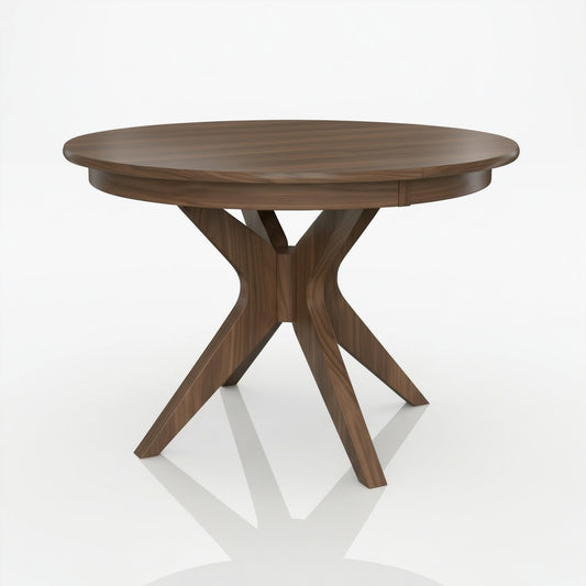 Wooden round table with a unique base design on a white background