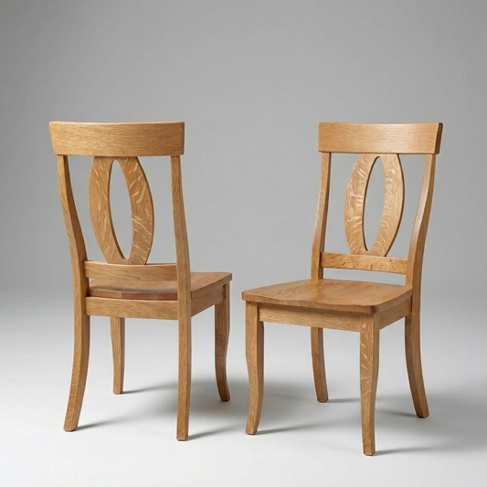 front and back side by side quarter-sawn white oak hardwood solid usa handcrafted custom dining chairs on white.