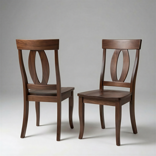 Two wooden solid walnut custom premium usa made chairs with a gray background