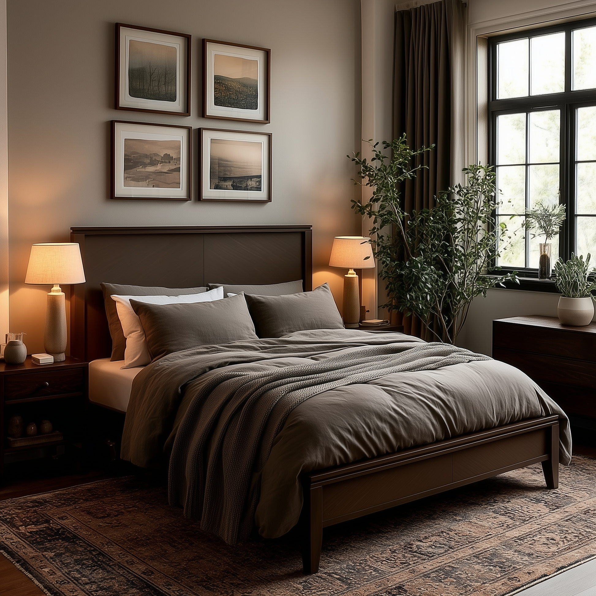 A cozy bedroom with a neatly made Adelaide Bed, gray bedding, two bedside tables with lamps, framed art on the wall, a large window with curtains, indoor plants, and warm, soft lighting.