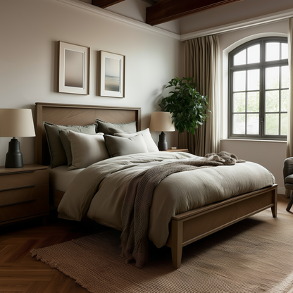 A cozy, modern bedroom featuring The Adelaide Bed with handcrafted frames, neutral bedding, two bedside tables with lamps, framed art above the headboard, a large curtained window, a potted plant, and warm wooden floors.