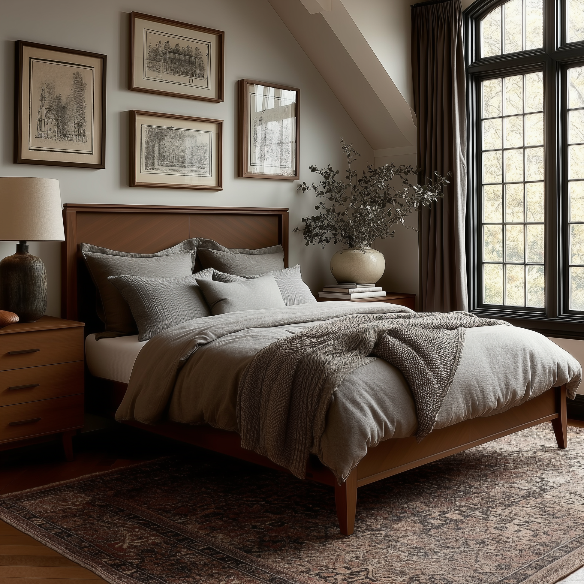 A cozy bedroom features The Adelaide Bed, a solid hardwood frame, with gray bedding, a patterned rug, nightstand and lamp, framed art on taupe walls, and a large window. A vase of greenery completes this showcase of American craftsmanship.
