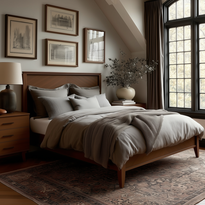 A cozy bedroom features The Adelaide Bed, a solid hardwood frame, with gray bedding, a patterned rug, nightstand and lamp, framed art on taupe walls, and a large window. A vase of greenery completes this showcase of American craftsmanship.