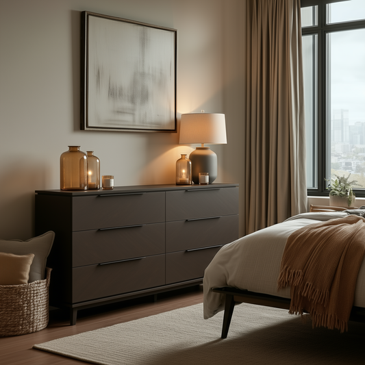 A cozy bedroom features The Adelaide 6-Drawer Dresser adorned with a lamp, decorative jars, and candles. Neutral tones, a large window with city views, and soft furnishings complete the warm, inviting space.