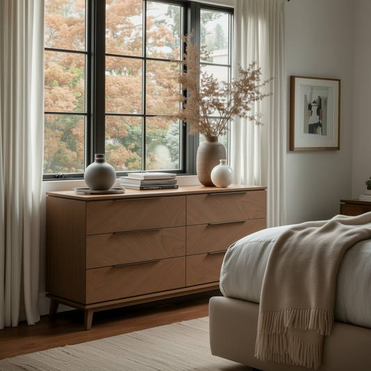 A cozy bedroom centers on The Adelaide 6-Drawer Dresser, adorned with vases, books, and dried flowers. Placed by a large window with autumn views, it’s joined by a beige bed and framed art for a serene atmosphere.