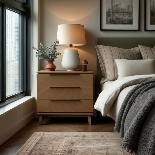 A cozy bedroom featuring The Adelaide 3-Drawer Nightstand with a white lamp and greenery beside a neatly made bed with neutral bedding, large window nearby, and a patterned rug underneath.