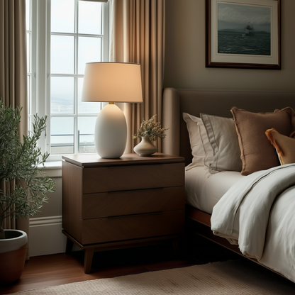 A cozy bedroom features The Adelaide 3-Drawer Nightstand with a white lamp and small plant, beside a bed with white and brown bedding. A large window and framed seascape painting add light and warmth to the space.