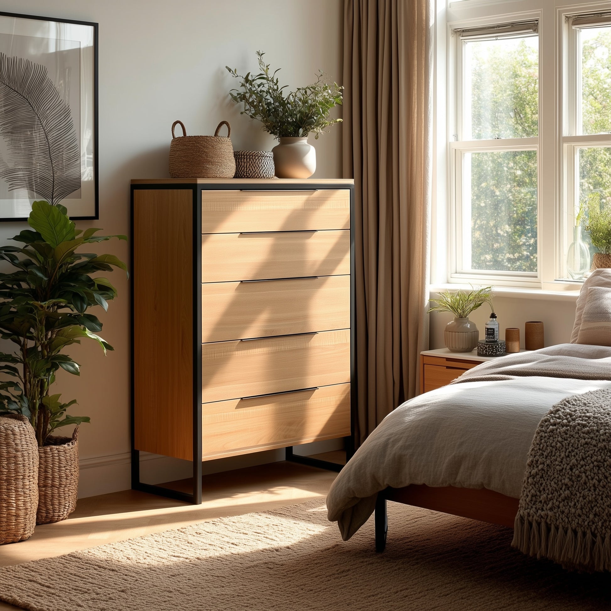 A sunlit bedroom features The Preston Chest of Drawers, potted plants, woven baskets, and a bed with neutral bedding. Light filters through a window with beige curtains, creating a calm and cozy atmosphere.