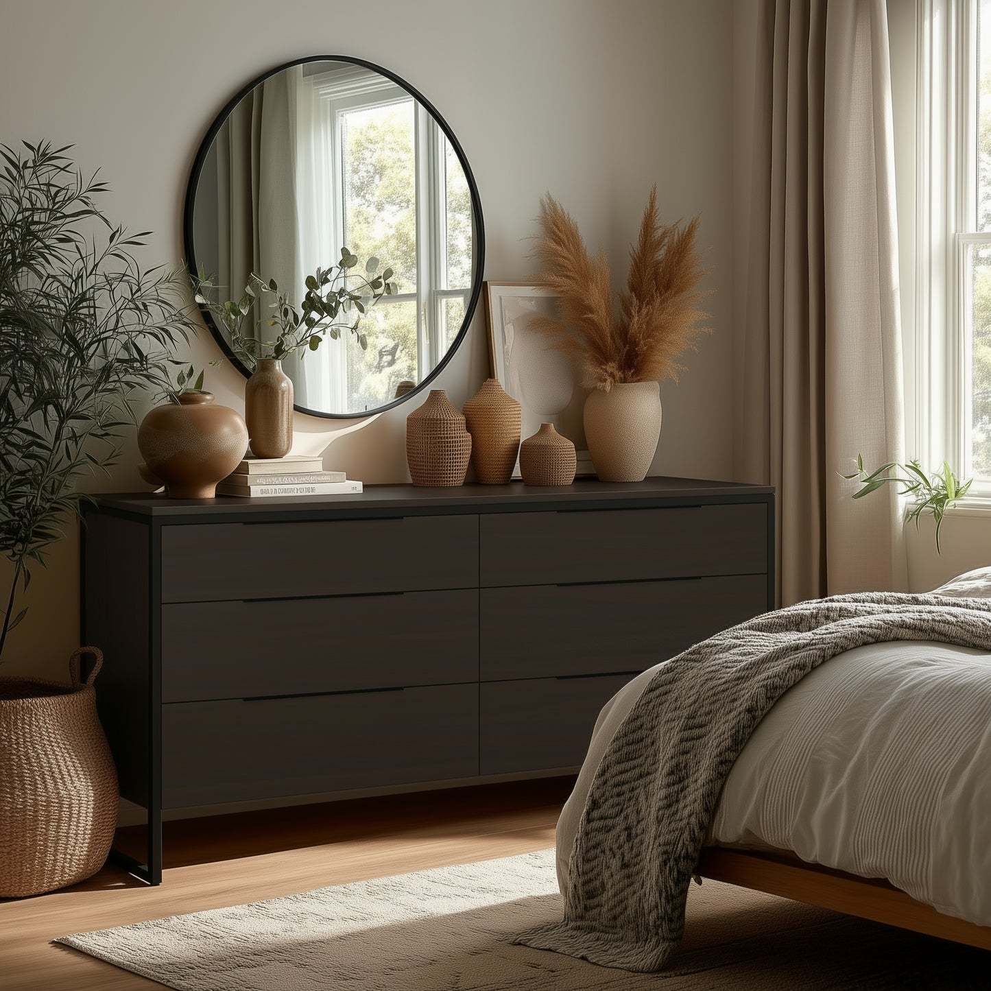 A modern bedroom showcases The Preston 6-Drawer Dresser topped with decorative vases, dried plants, and a round mirror. Soft natural light streams through the window, brightening cozy neutral decor and a bed with a patterned blanket.