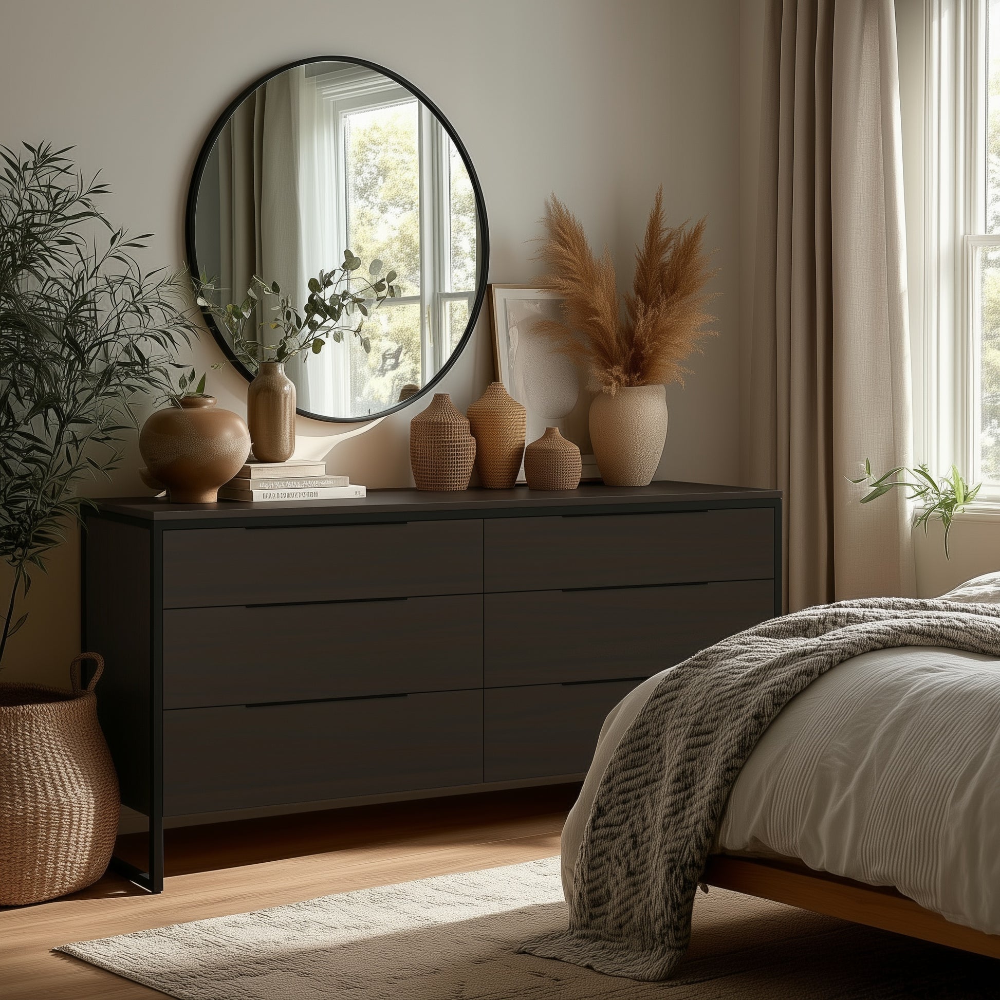 A modern bedroom showcases The Preston 6-Drawer Dresser topped with decorative vases, dried plants, and a round mirror. Soft natural light streams through the window, brightening cozy neutral decor and a bed with a patterned blanket.