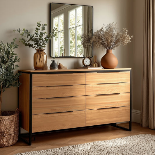 The Preston 8-Drawer Dresser with metal accents stands against the wall, topped with vases, a clock, and plants. A large mirror hangs above, reflecting sunlight, while a woven basket rests on the floor beside the dresser.