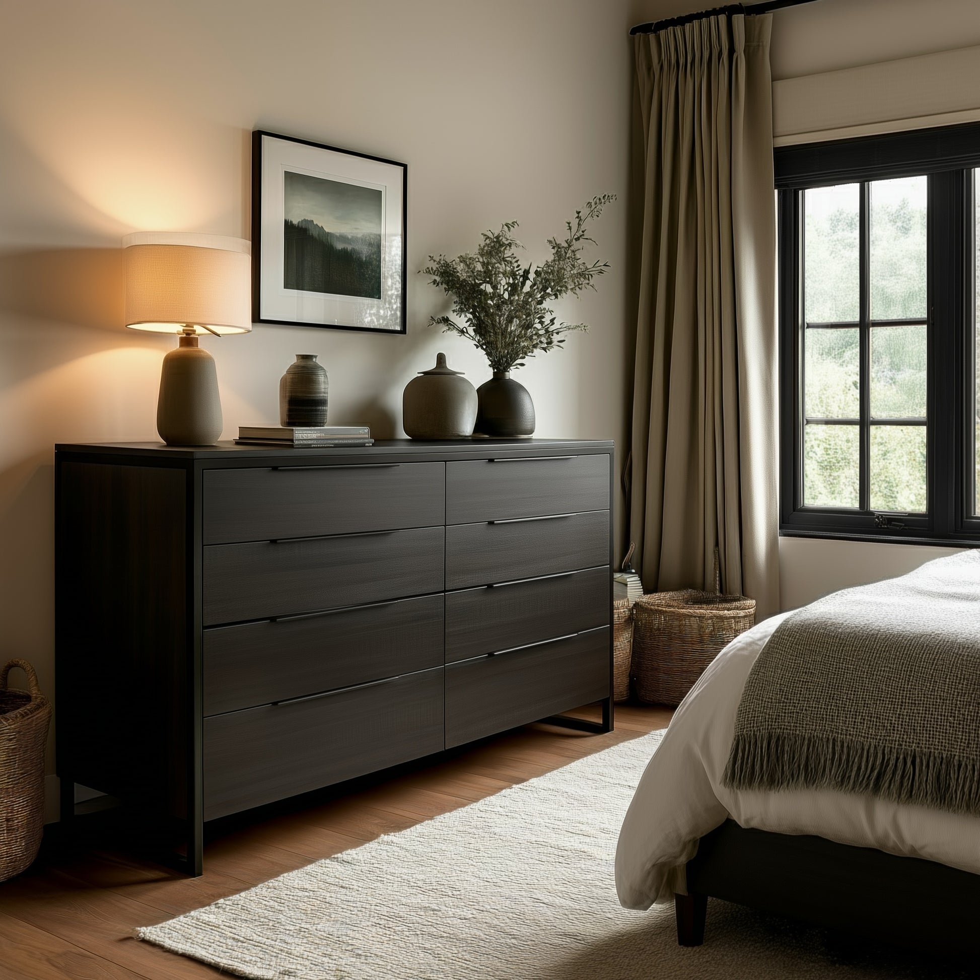 A tidy bedroom features The Preston 8-Drawer Dresser topped with vases, books, and a lamp. A framed picture hangs above it, while a cozy bed, curtained window, and light rug complete the inviting scene.