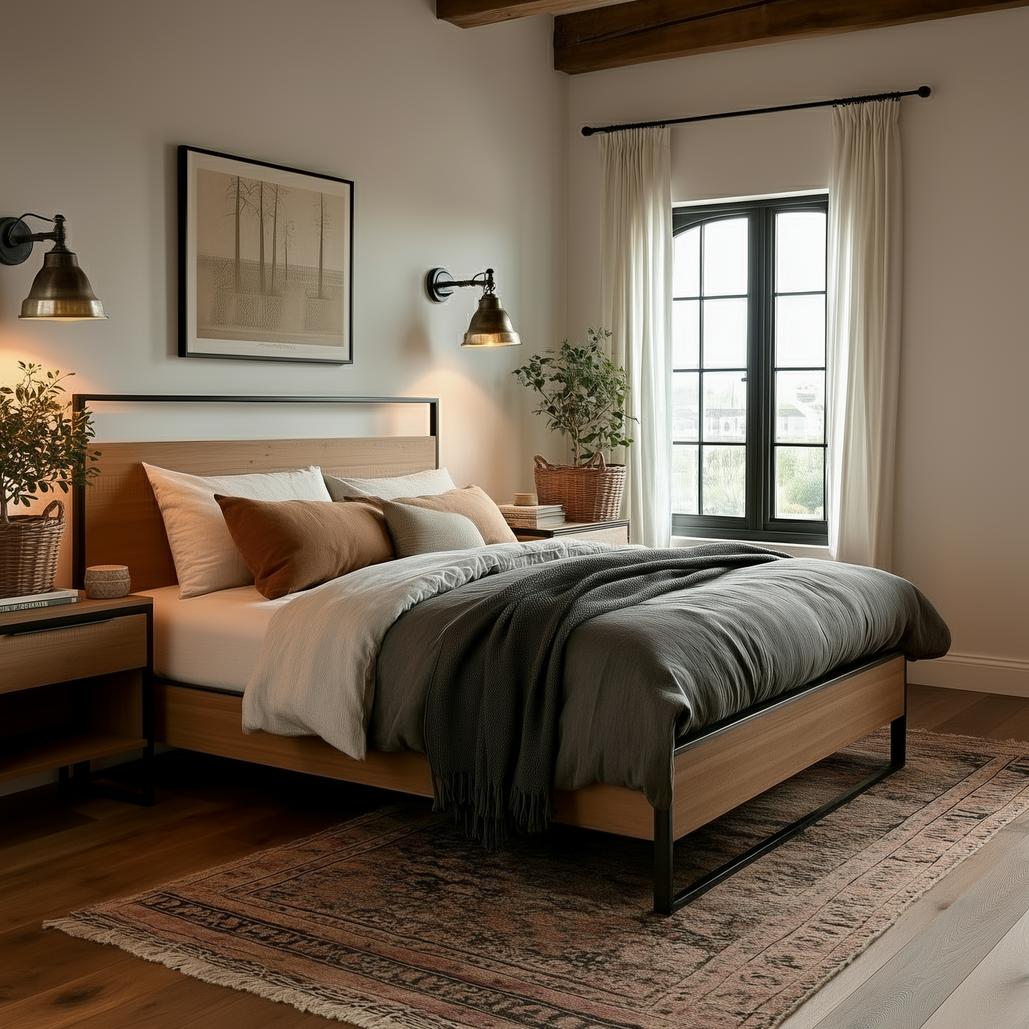 A cozy bedroom featuring The Preston Bed with earth-toned bedding, wall-mounted lamps, bedside tables, potted plants, a large window with curtains, and a framed picture above the bed against a neutral wall.