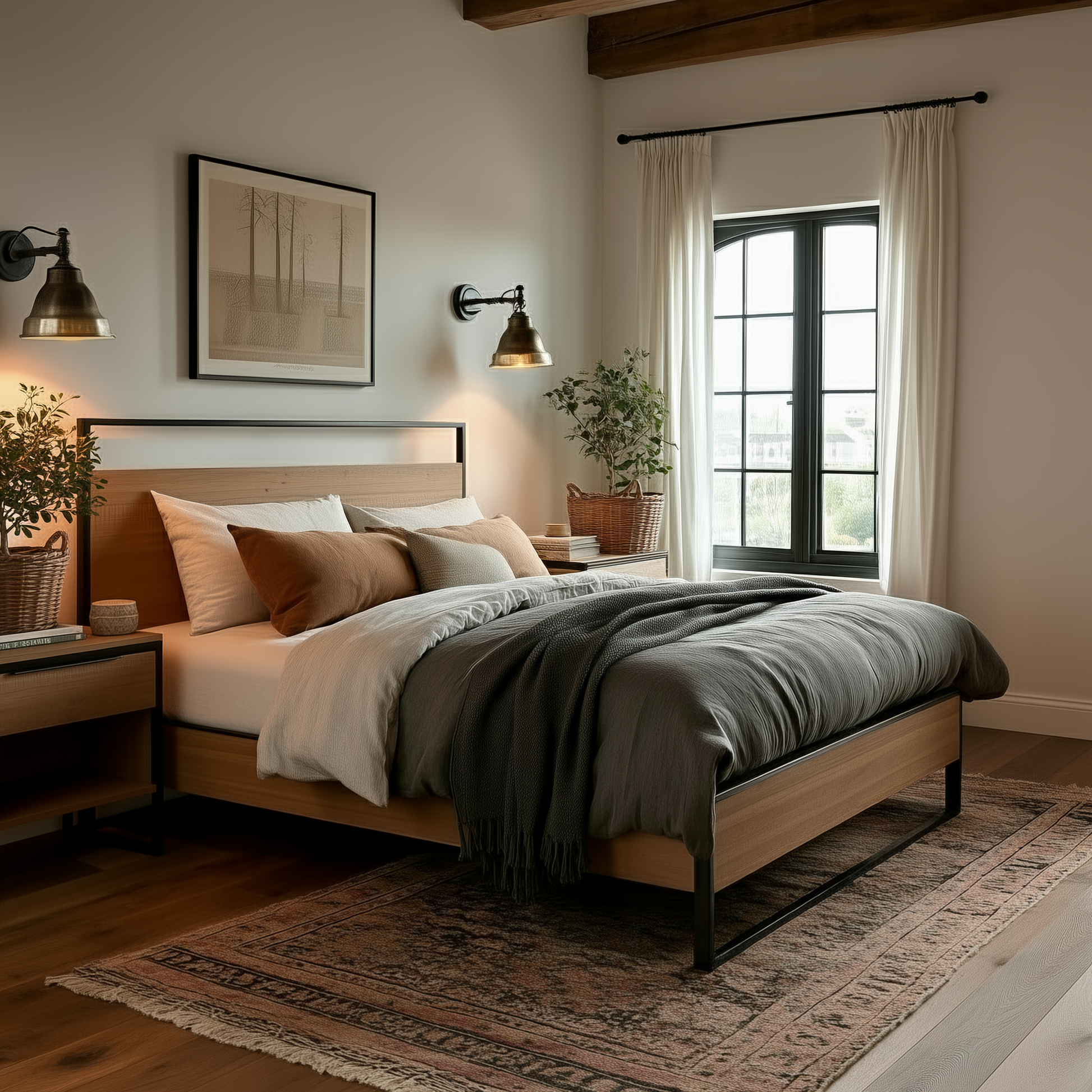 A cozy bedroom featuring The Preston Bed with earth-toned bedding, wall-mounted lamps, bedside tables, potted plants, a large window with curtains, and a framed picture above the bed against a neutral wall.