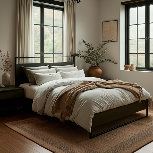 A cozy bedroom featuring The Preston Bed with white bedding, a brown throw blanket, large windows with cream curtains, a potted plant, and minimal decor on the walls and nightstand.