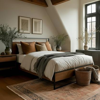 A cozy bedroom features The Preston Bed with white bedding, brown and beige pillows, a gray throw, a large rug, vases with greenery, decorative baskets, and sunlight streaming through a large window.