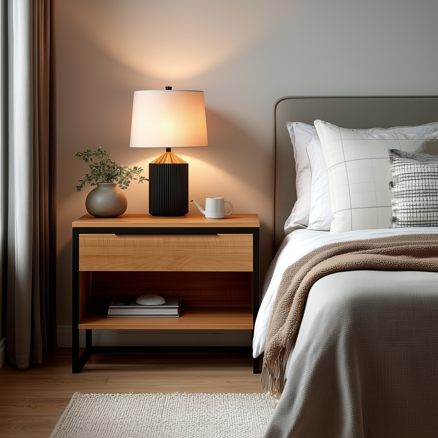 The Preston Nightstand, topped with a black lamp, potted plant, and white mug, stands beside a neatly made bed with neutral pillows and a beige blanket in a cozy modern bedroom.