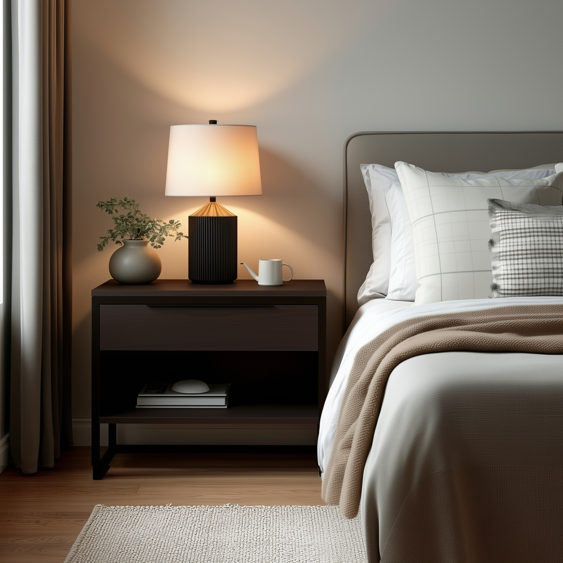 A cozy bedside scene featuring The Preston Nightstand in dark wood, styled with a lit table lamp, potted plant, and mug beside a neatly made bed with layered pillows and a beige blanket in a softly lit bedroom.