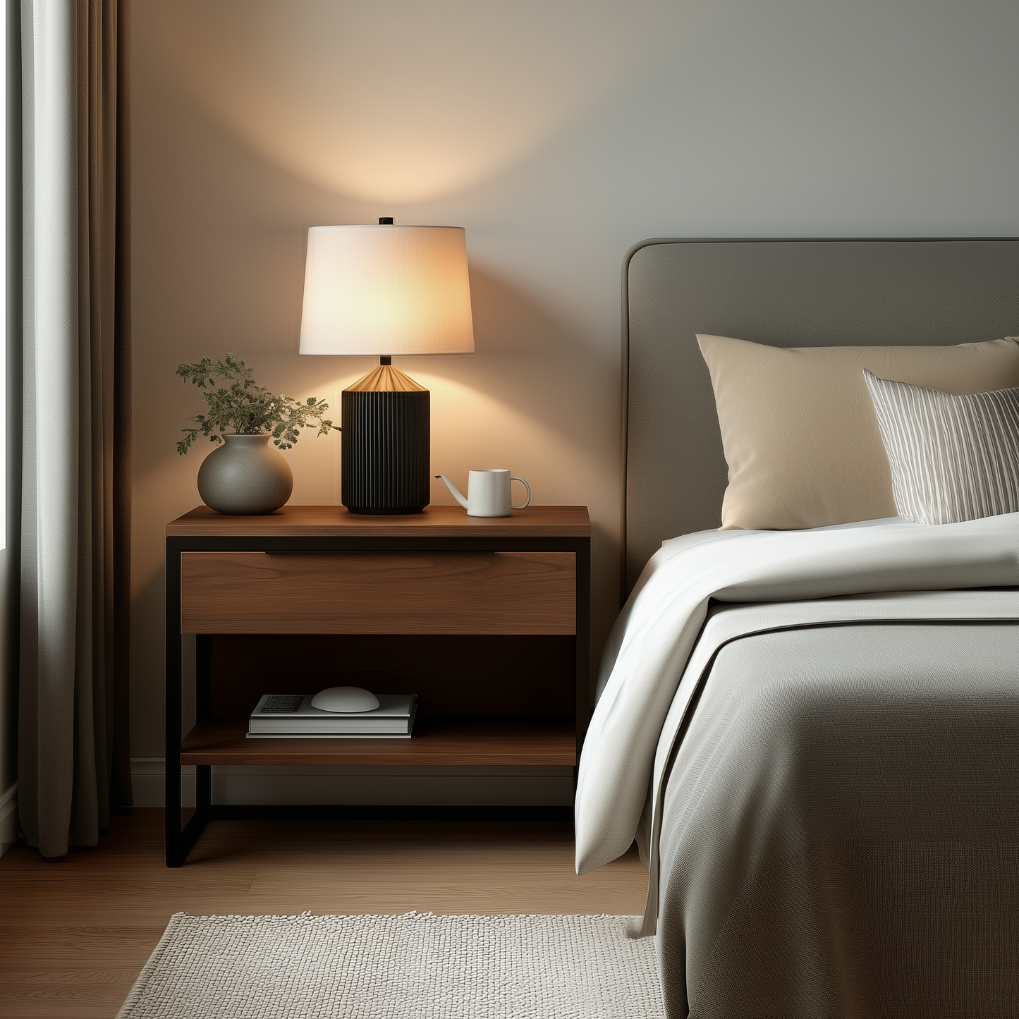 A cozy bedroom features a neatly made bed and The Preston Nightstand, which holds a lamp, a vase with a plant, and a mug. A book sits on the lower shelf as warm lighting creates a calm, inviting atmosphere.