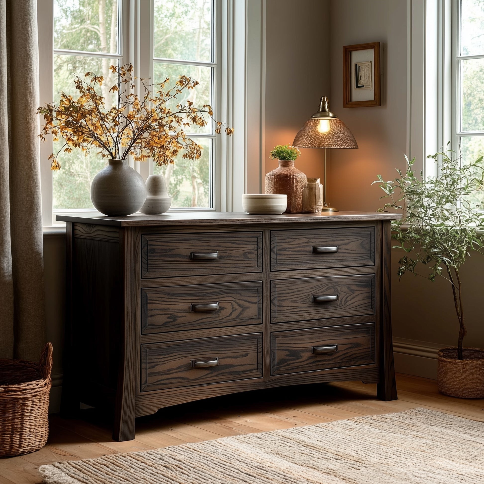 The Archer 6-Drawer Dresser stands by a window in a cozy room, topped with vases, a lamp, and plants. Baskets rest on the floor while sunlight streams in, highlighting the dresser’s dark wood finish.