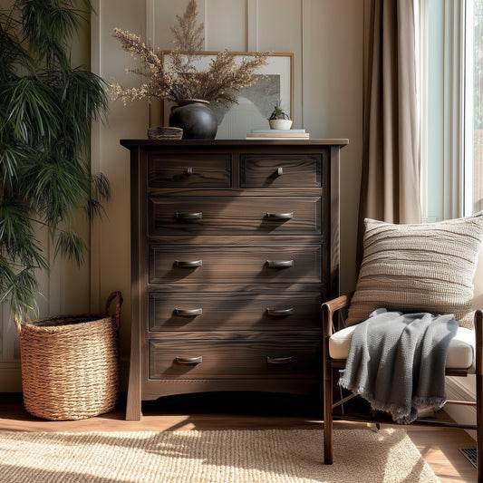 The Archer 6-Drawer Chest stands by a window, decorated with vases, dried plants, and framed art. Nearby are a woven basket, potted plant, and an armchair with a striped cushion and gray blanket. Sunlight fills the room.