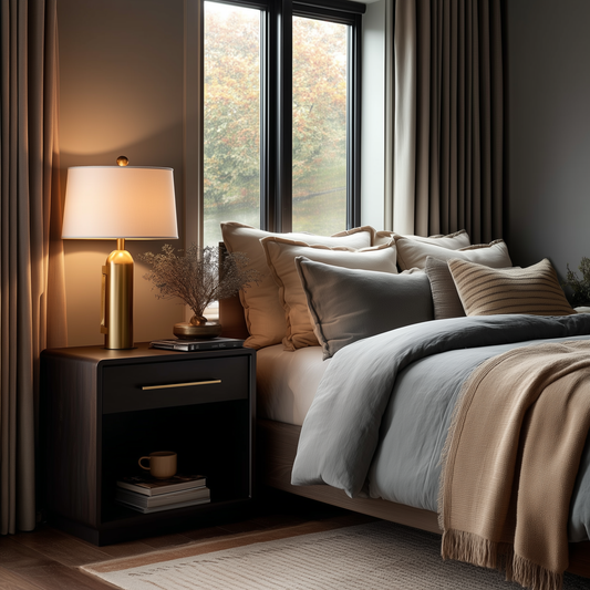 A cozy bedroom features a neatly made bed with neutral bedding, large curtained windows, and The Eleanor 1-Drawer Nightstand topped with a lamp, books, and a cup.