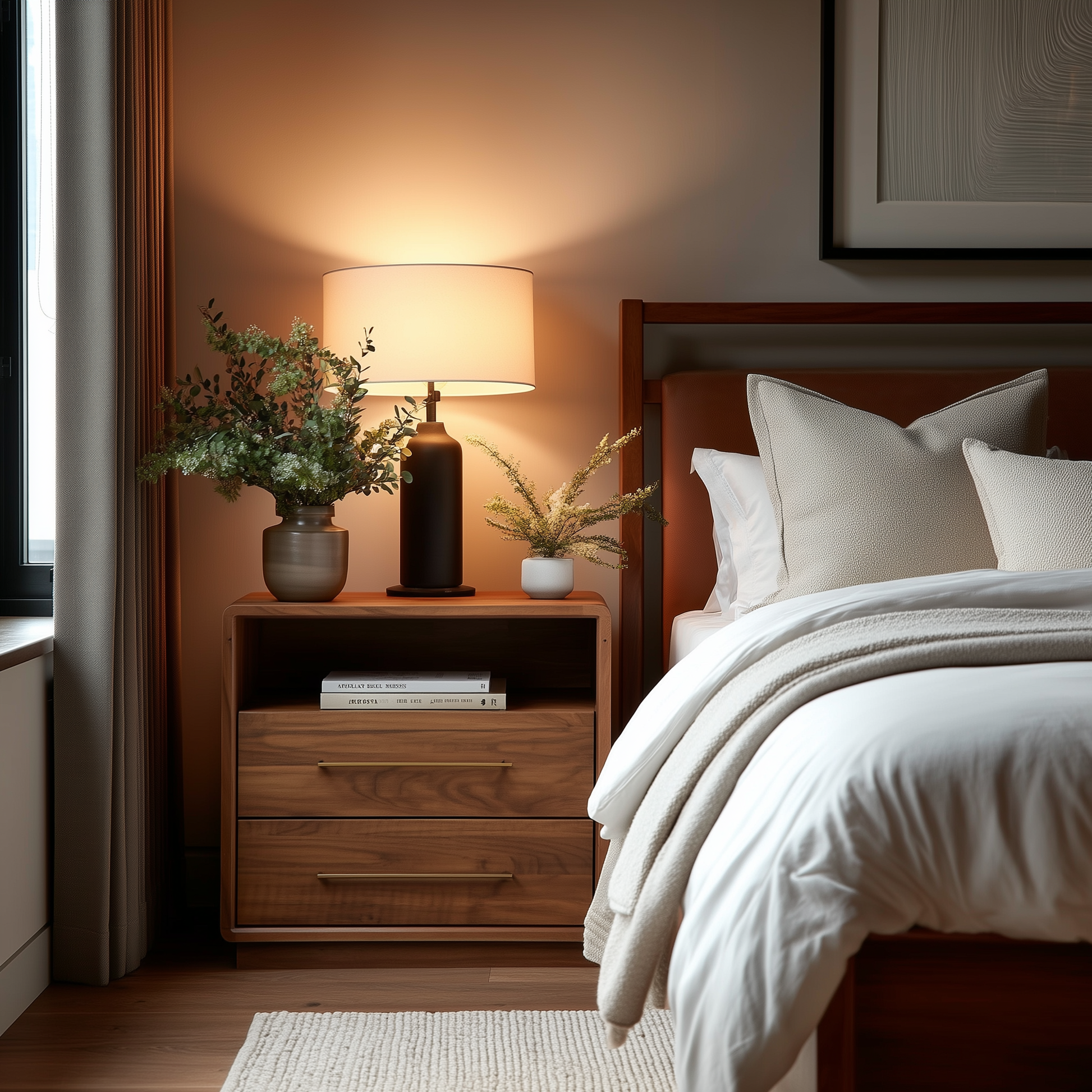A cozy bedroom features The Eleanor 2-Drawer Nightstand beside a bed with white bedding and pillows. The nightstand holds a lamp and potted plants, while a framed picture hangs above the bed.