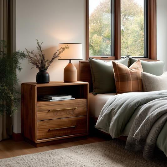 A cozy bedroom showcases The Eleanor 2-Drawer Nightstand topped with a lamp and a dried branch vase, placed by a neatly made bed with neutral pillows and blankets. A large window reveals trees outside.