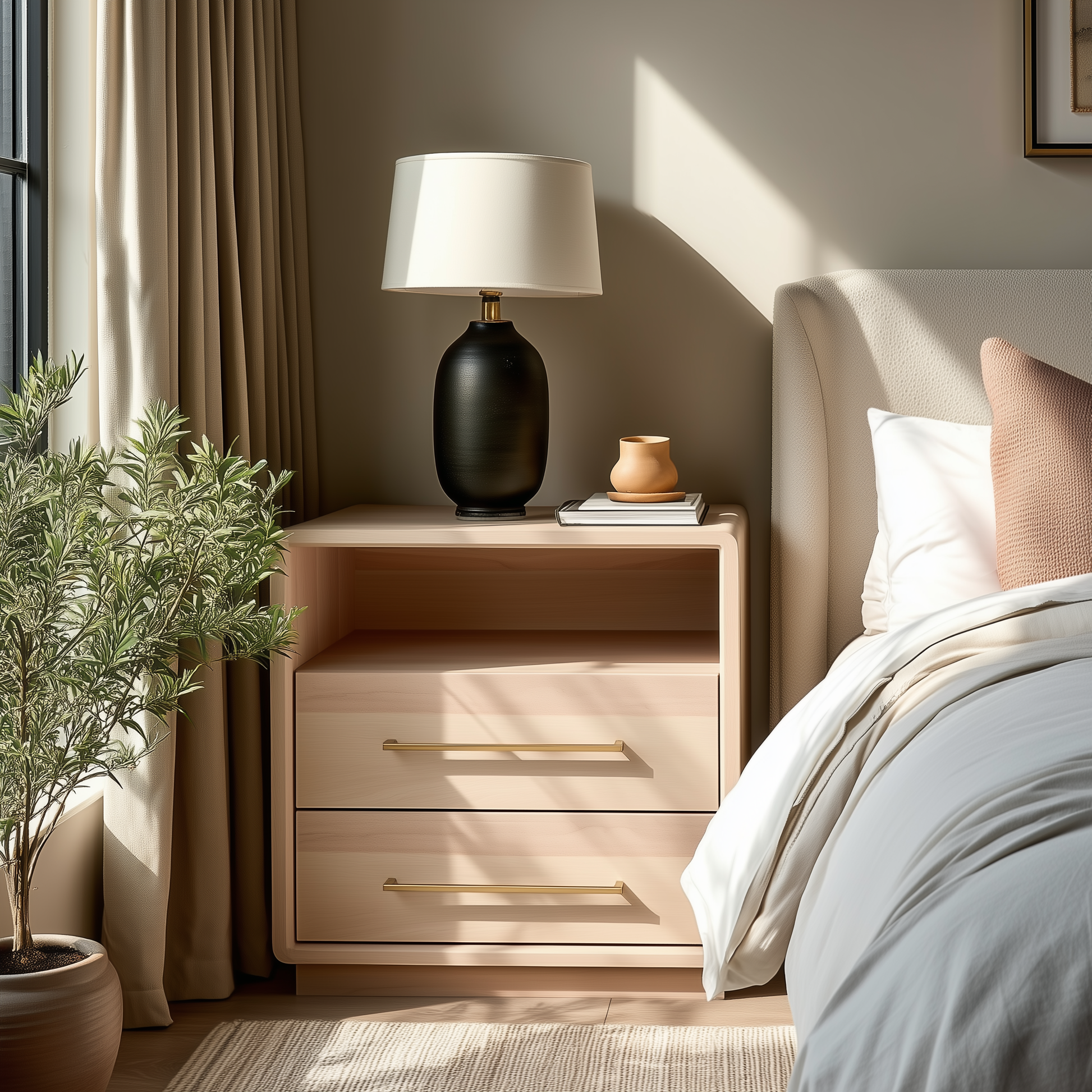 A cozy bedroom features The Eleanor 2-Drawer Nightstand in light wood, topped with a black lamp, white shade, and a small plant. Neatly arranged bedding sits beside a window with beige curtains as sunlight streams into the room.