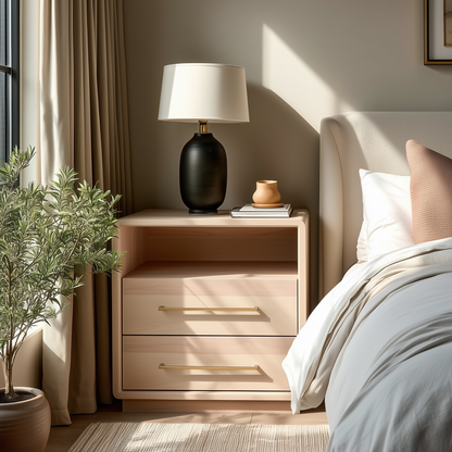 A cozy bedroom features The Eleanor 2-Drawer Nightstand in light wood, topped with a black lamp, white shade, and a small plant. Neatly arranged bedding sits beside a window with beige curtains as sunlight streams into the room.