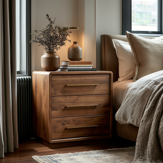 The Eleanor 3-Drawer Nightstand sits beside the bed, topped with ceramic vases, books, and a lamp. Neutral bedding and a cozy throw adorn the bed as sunlight filters in, creating a warm, inviting atmosphere.