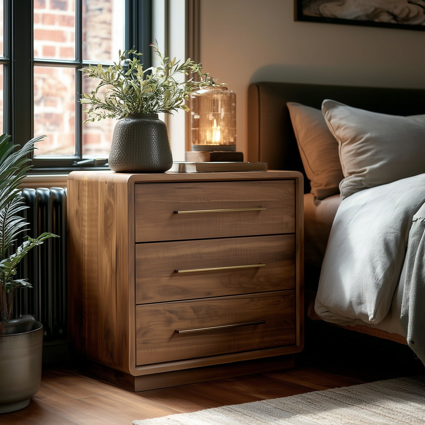 The Eleanor 3-Drawer Nightstand sits by a bed with beige bedding, topped with a potted plant and a glowing glass lamp. Sunlight streams through the window, brightening this cozy bedroom corner.