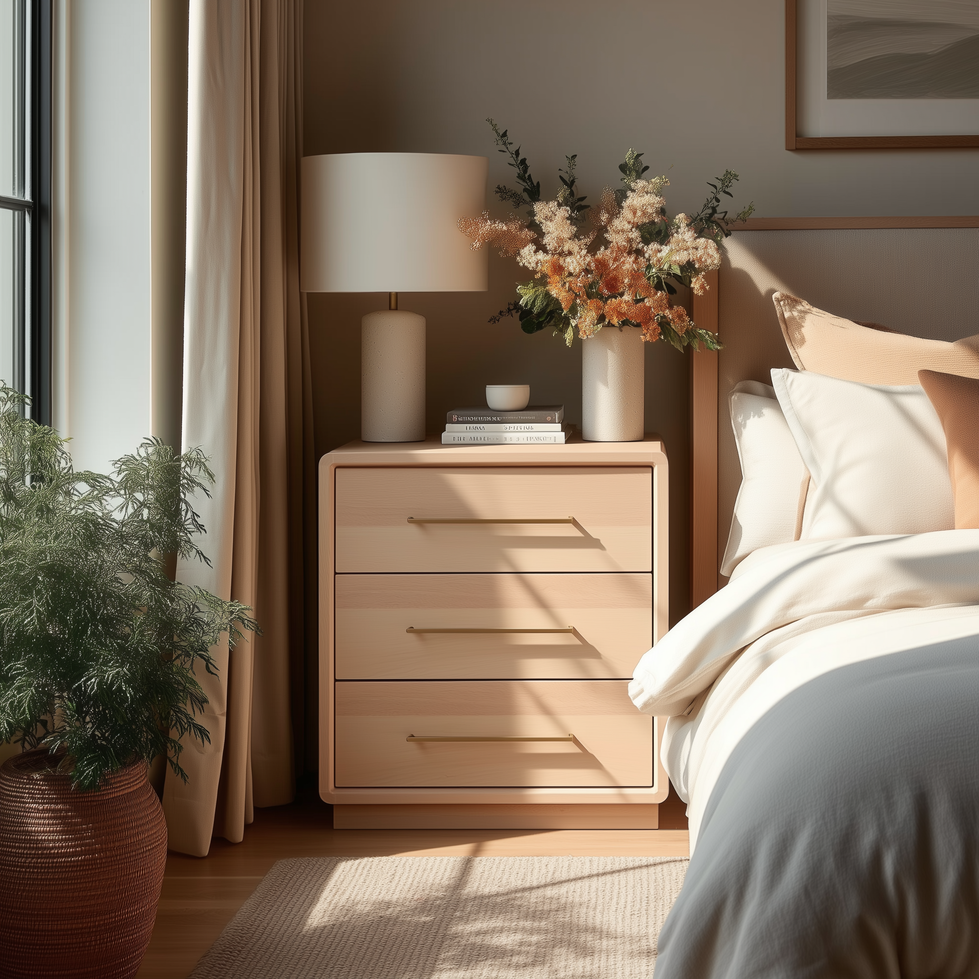 A bright bedroom features The Eleanor 3-Drawer Nightstand, topped with a lamp, books, and a vase of flowers. Sunlight streams in, illuminating a potted plant on the floor beside a bed with crisp white bedding.