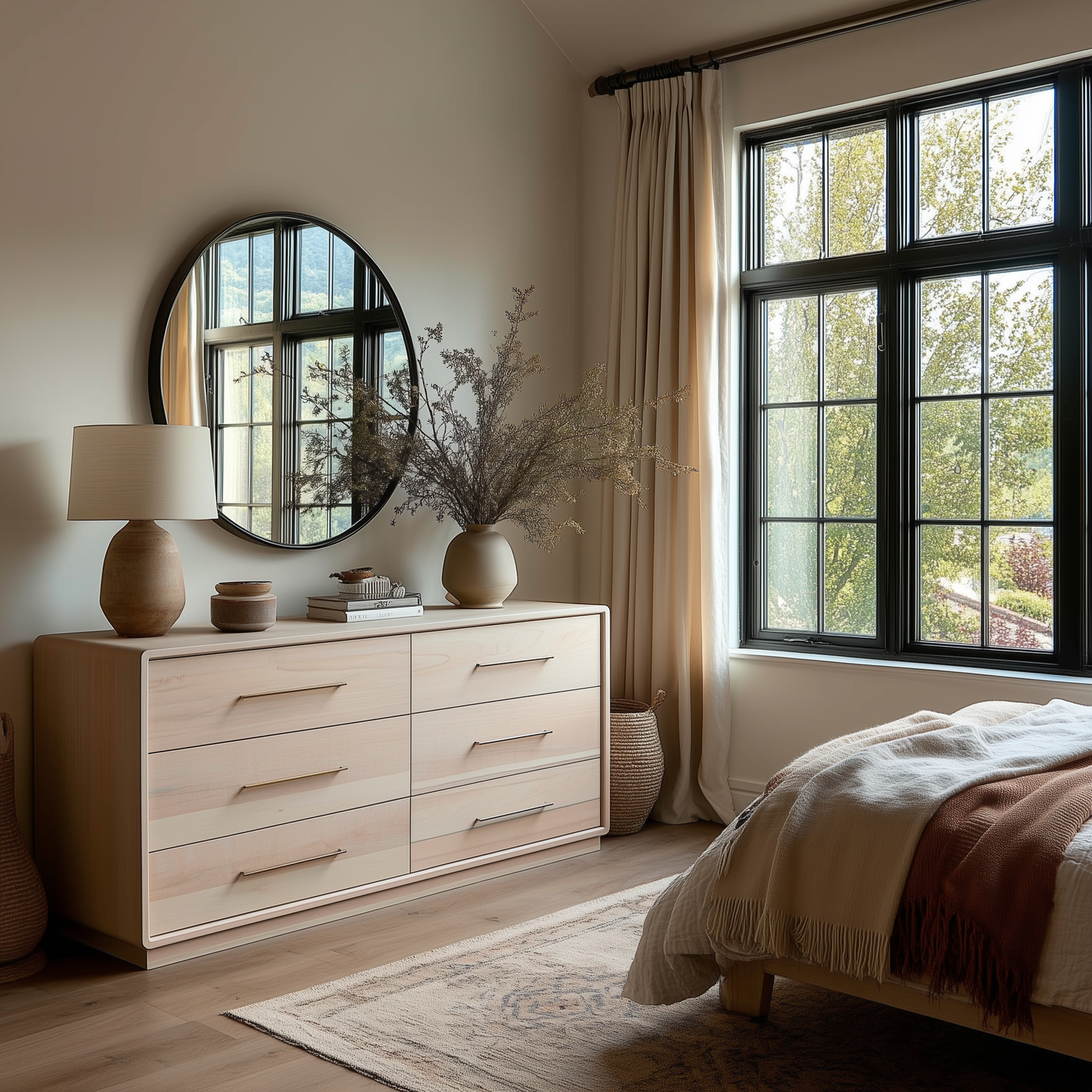 A cozy bedroom with a large window, cream curtains, The Eleanor 6-Drawer Dresser topped with a round mirror, lamp, vase, books, and a woven rug beside a neatly made bed featuring neutral bedding.