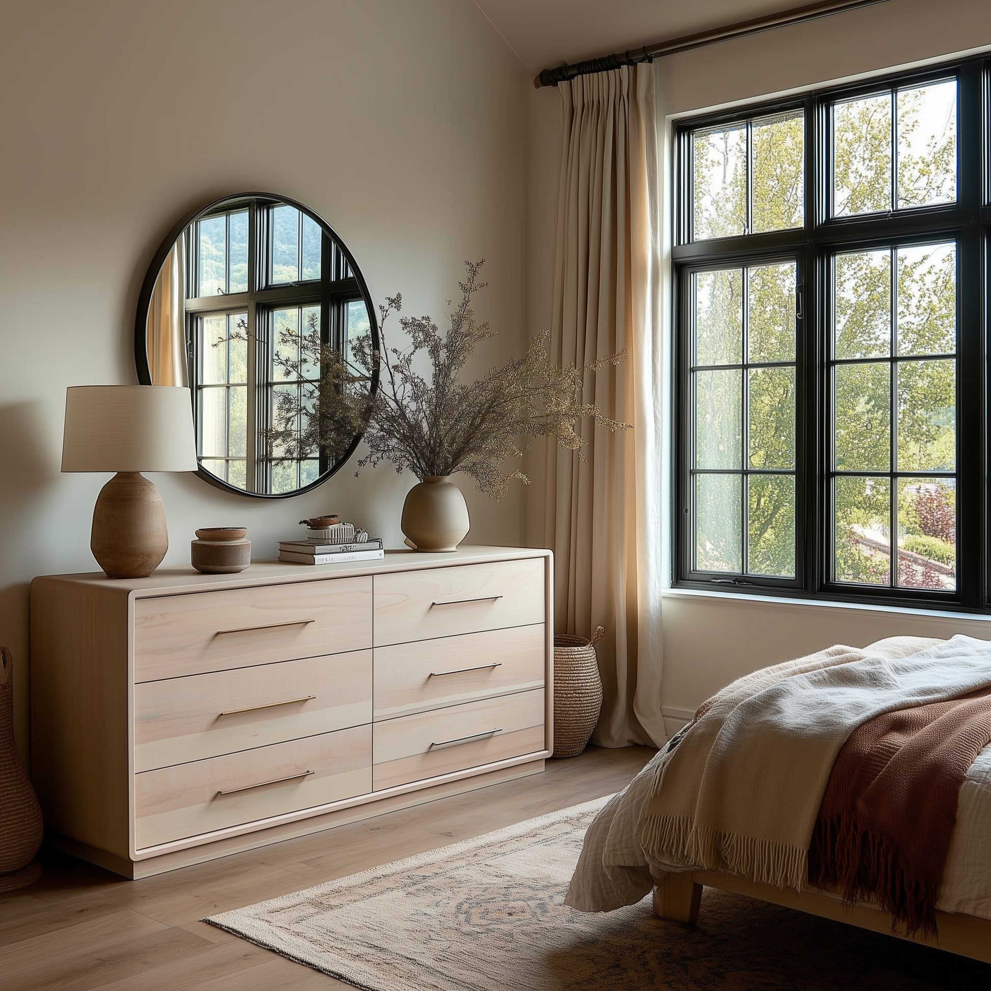 A cozy bedroom with a large window, cream curtains, The Eleanor 6-Drawer Dresser topped with a round mirror, lamp, vase, books, and a woven rug beside a neatly made bed featuring neutral bedding.