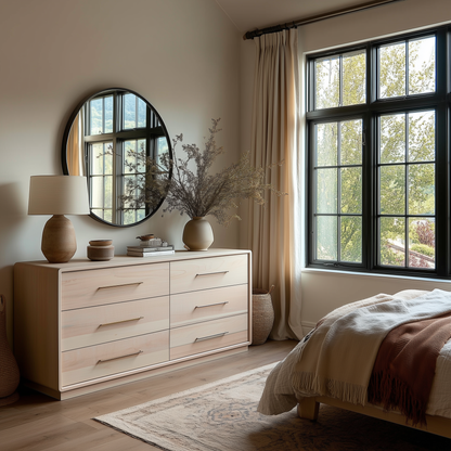 A cozy bedroom with a large window, cream curtains, The Eleanor 6-Drawer Dresser topped with a round mirror, lamp, vase, books, and a woven rug beside a neatly made bed featuring neutral bedding.