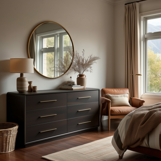 A cozy bedroom featuring The Eleanor 6-Drawer Dresser with a round mirror above, table lamp, decorative vases, and a chair by a large window with beige curtains. A bed and woven basket complete the inviting space.