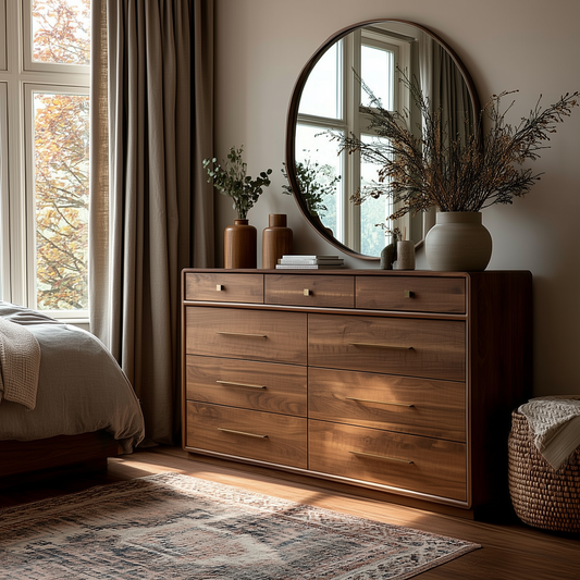 A cozy bedroom showcases The Eleanor 9-Drawer Dresser with brass handles, decorated with vases and a round mirror. Sunlight filters through beige curtains, brightening a woven basket and a patterned rug on the floor.