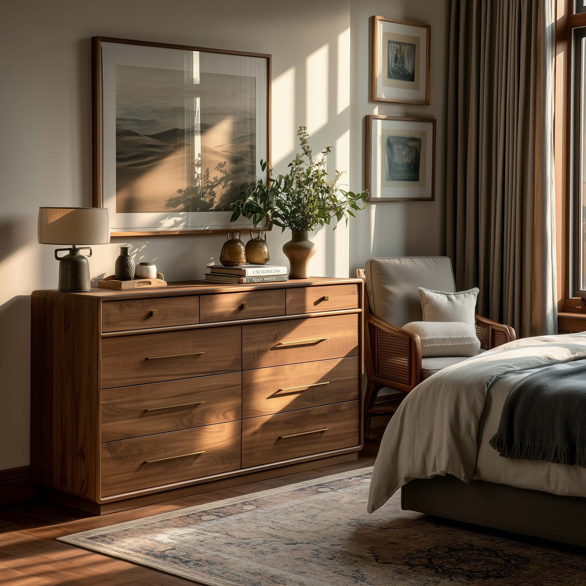 A cozy bedroom with sunlight streaming in, featuring The Eleanor 9-Drawer Dresser adorned with decor and a vase of greenery, an armchair, framed art on the wall, and part of a neatly made bed.