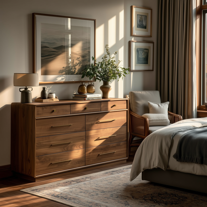 A cozy bedroom with sunlight streaming in, featuring The Eleanor 9-Drawer Dresser adorned with decor and a vase of greenery, an armchair, framed art on the wall, and part of a neatly made bed.