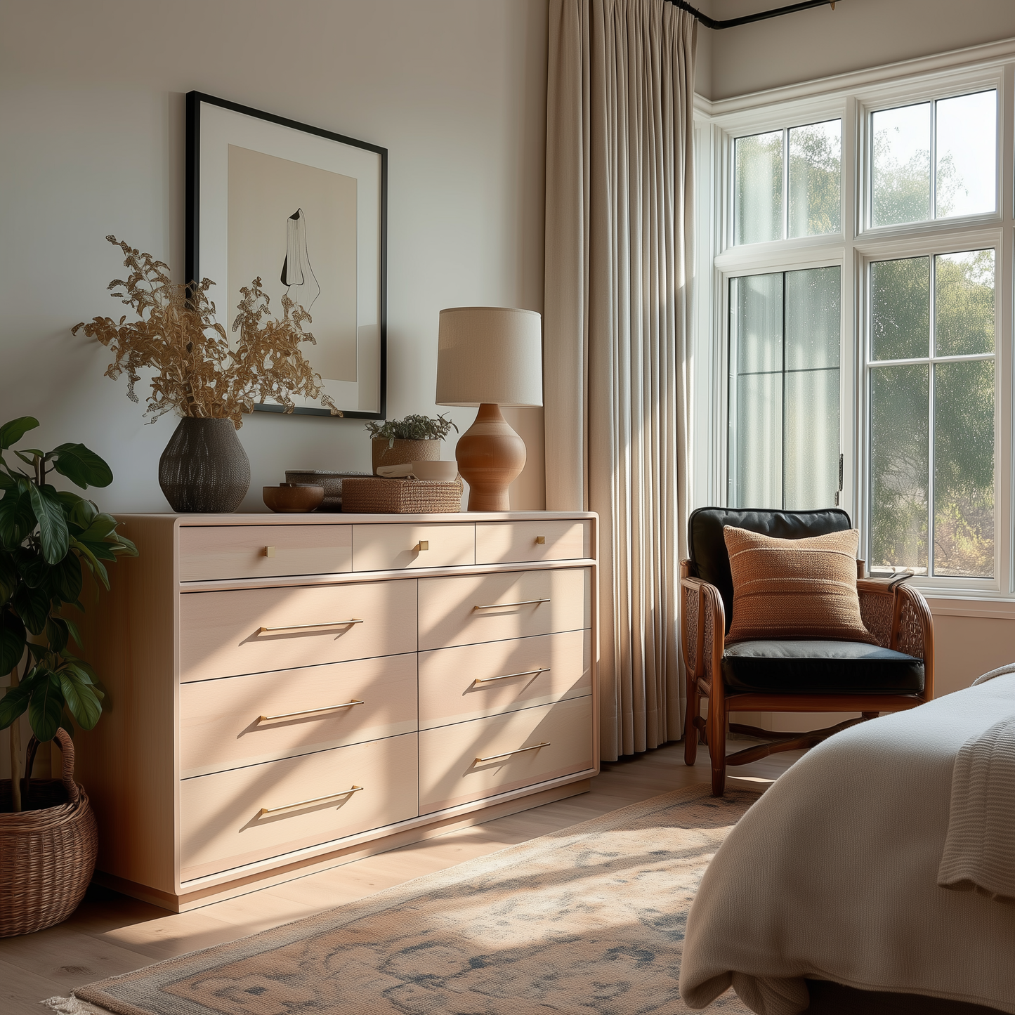 A sunlit bedroom features The Eleanor 9-Drawer Dresser with gold handles, a table lamp, dried flowers, framed art, an armchair with a cushion, a large window with beige curtains, and part of a bed with white bedding.