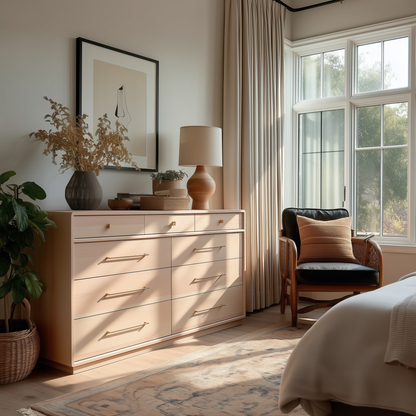 A sunlit bedroom features The Eleanor 9-Drawer Dresser with gold handles, a table lamp, dried flowers, framed art, an armchair with a cushion, a large window with beige curtains, and part of a bed with white bedding.