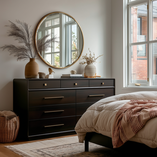 A cozy bedroom showcases The Eleanor 9-Drawer Dresser with gold handles, a round mirror above, decorative vases, and a basket. A bed with a beige comforter and knit blanket sits near a large window streaming in natural light.