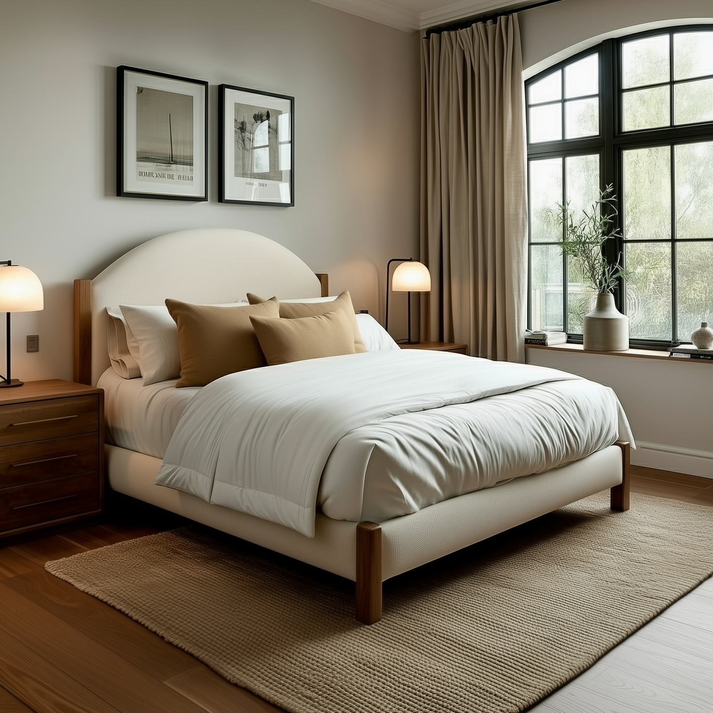 A cozy bedroom with The Eleanor Bed neatly made in white and beige bedding, wooden nightstands with lamps, framed art on the wall, a large window with beige curtains, and a woven rug on a wooden floor.