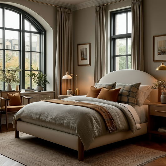 The Eleanor Bed anchors this cozy bedroom with neutral bedding and plaid pillows, complemented by wooden nightstands, warm lighting, large curtained windows, and tasteful décor for a comfortable, inviting feel.