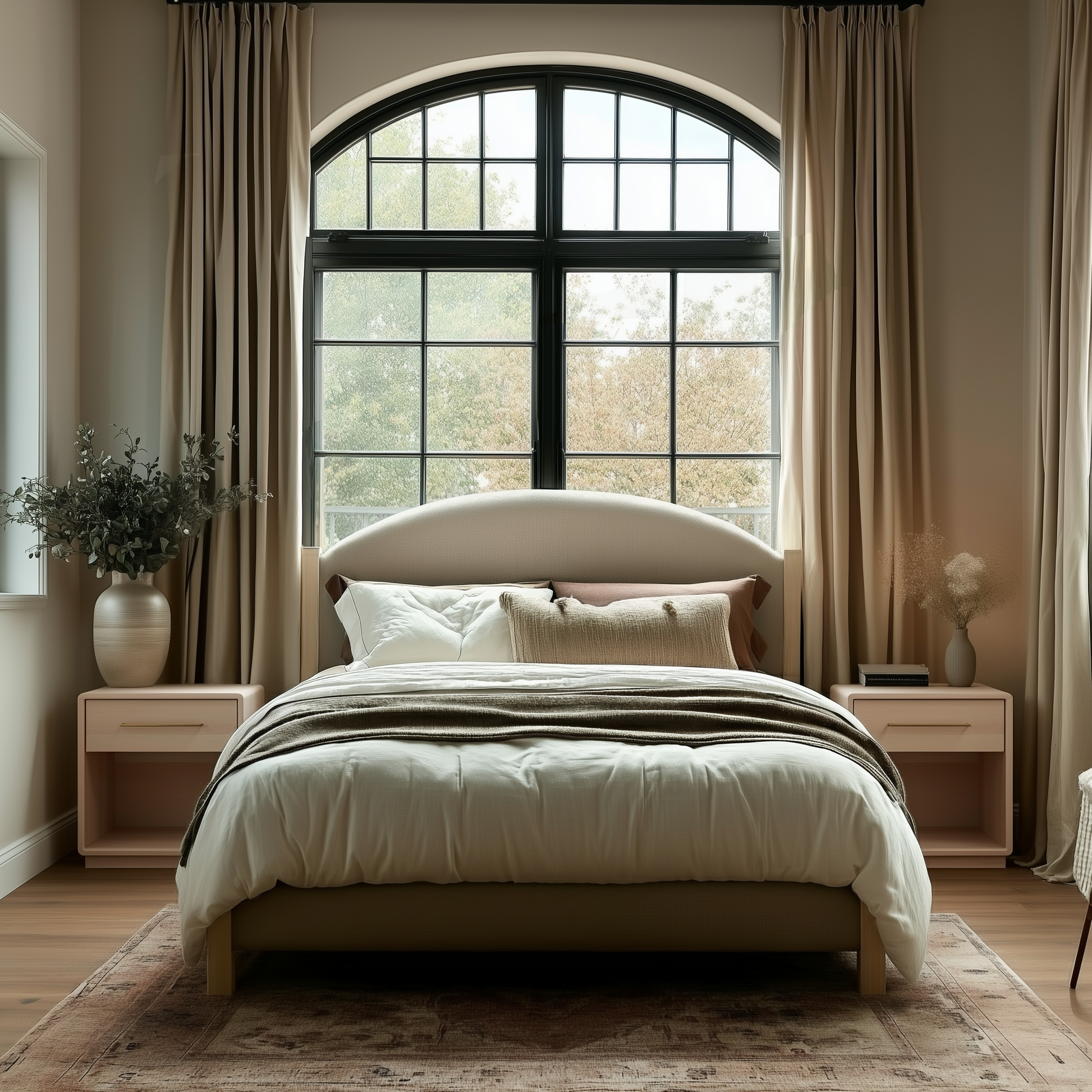 A cozy bedroom featuring The Eleanor Bed with white bedding, a large arched window with beige curtains, two wooden nightstands, decorative vases, and natural light streaming in.