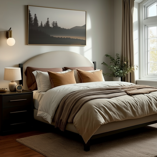 A cozy, modern bedroom with The Eleanor Bed neatly made in beige and brown bedding, two pillows, and a knitted throw. A nightstand holds a lamp; a framed landscape hangs above the bed. Natural light flows through a large window.