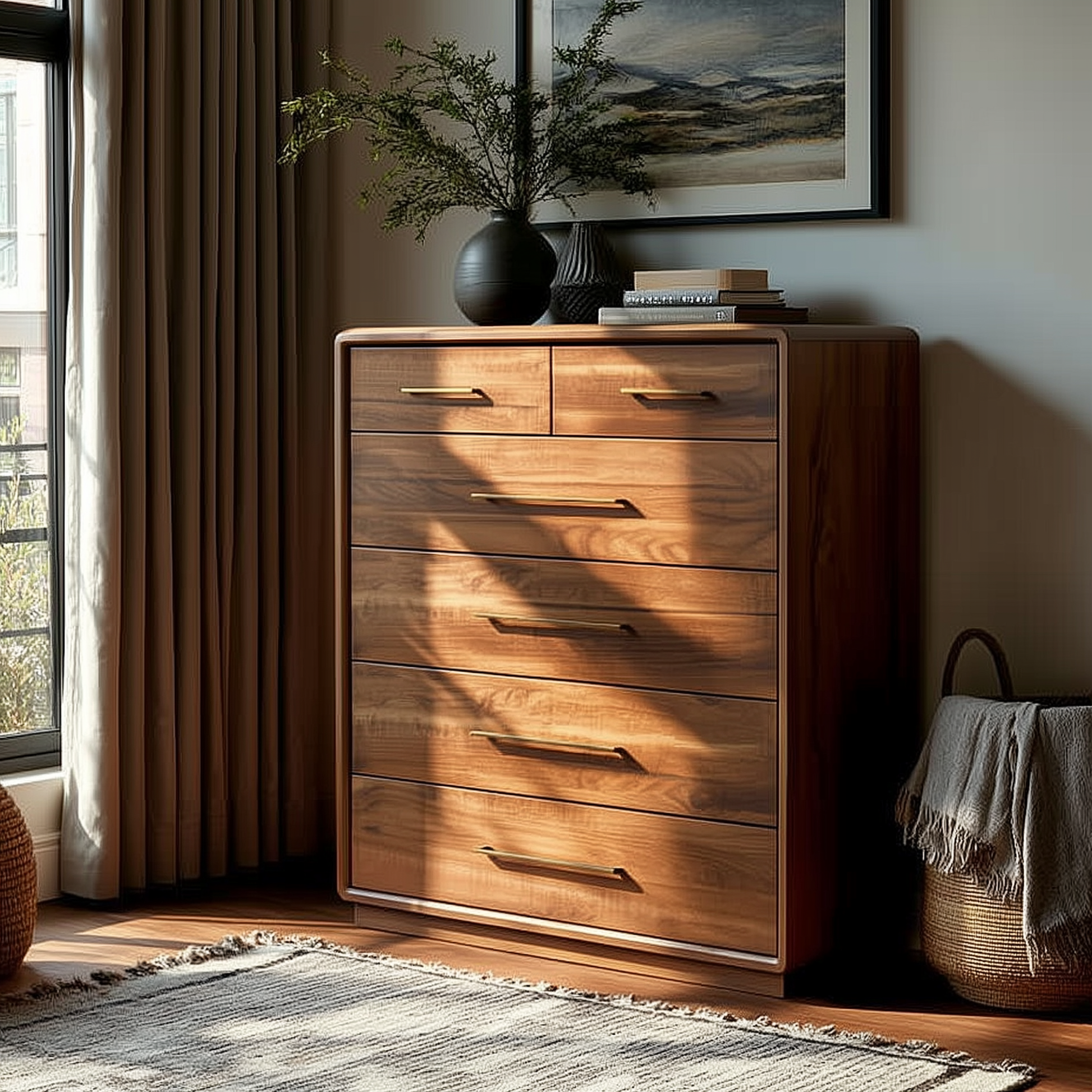 The Eleanor Chest of Drawers with six spacious drawers stands by a sunlit window, topped with a vase of greenery and framed art. A woven basket and light rug nearby complete this cozy, modern bedroom scene.